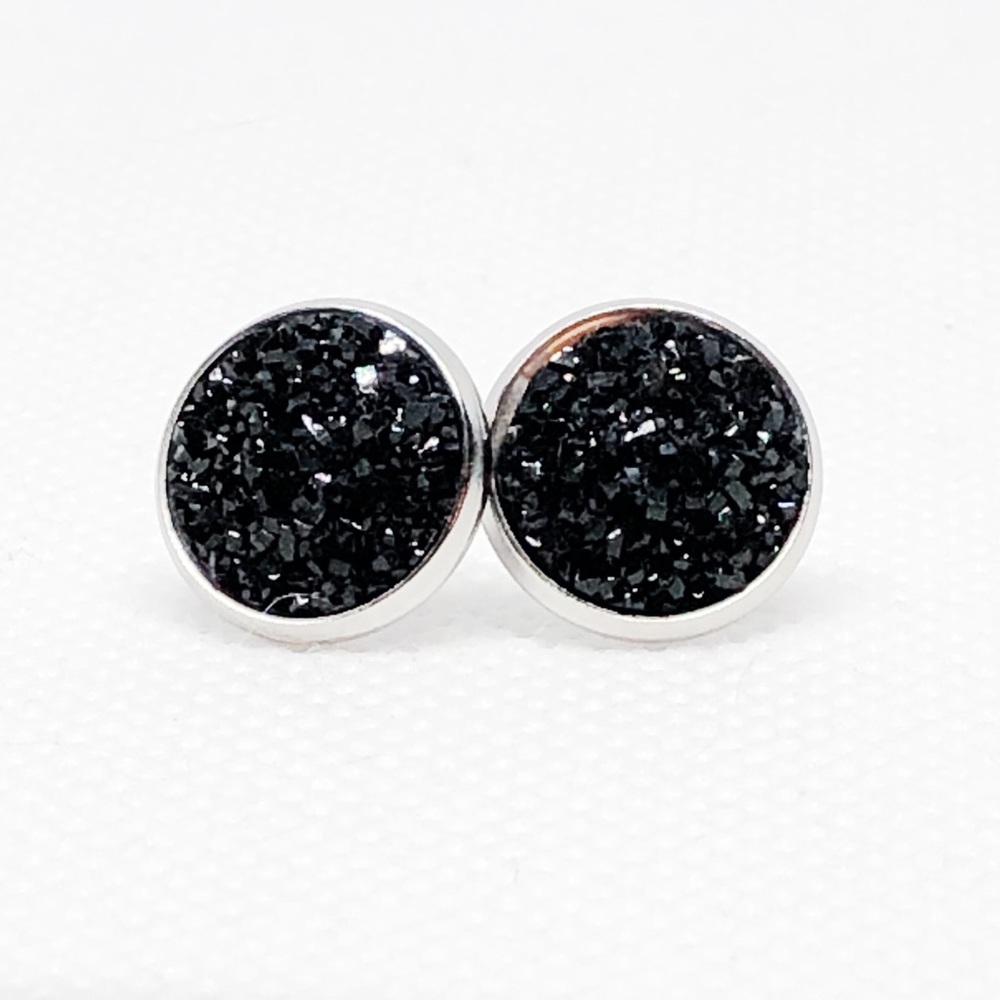 Black Faux Druzy Earrings with Silver Post Backs